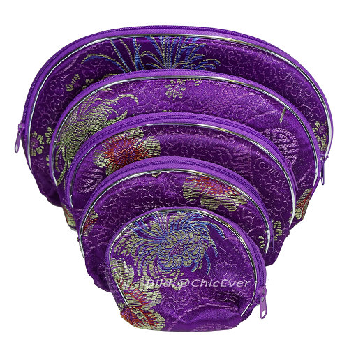 5 tlg. Beutel-Set aus Seide & Viskose mit Reißverschluss violett 6477 - zum Schließen ins Bild klicken